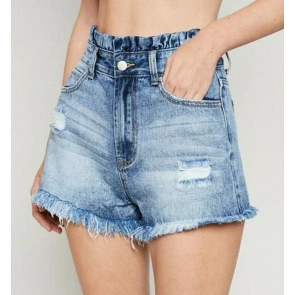 NEW Hayden LA High Waisted Paperbag‎ Distressed Denim Shorts Large